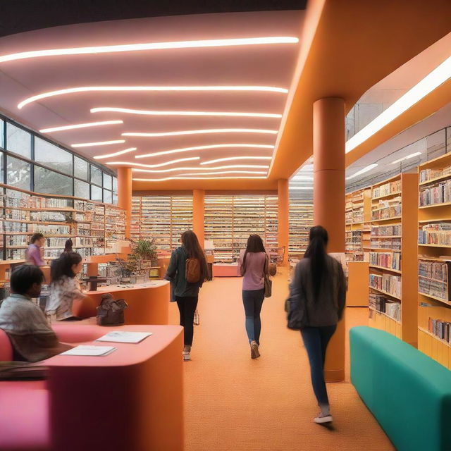 A vibrant university library interior glowing with soft, colored lights. Diverse students walk about and engross themselves in books, and a friendly receptionist offers aid from her designated workspace.