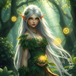 A stunning female high elf with long silver hair and intricately pointed ears, dressed in flowing, ethereal garments made of leaves and flowers, standing gracefully in a vibrant enchanted forest