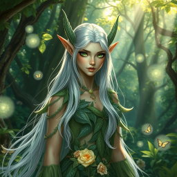 A stunning female high elf with long silver hair and intricately pointed ears, dressed in flowing, ethereal garments made of leaves and flowers, standing gracefully in a vibrant enchanted forest