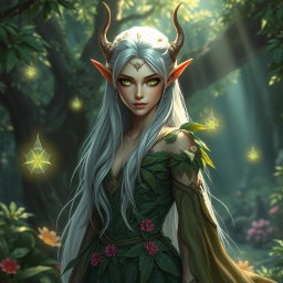 A stunning female high elf with long silver hair and intricately pointed ears, dressed in flowing, ethereal garments made of leaves and flowers, standing gracefully in a vibrant enchanted forest