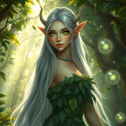 A stunning female high elf with long silver hair and intricately pointed ears, dressed in flowing, ethereal garments made of leaves and flowers, standing gracefully in a vibrant enchanted forest