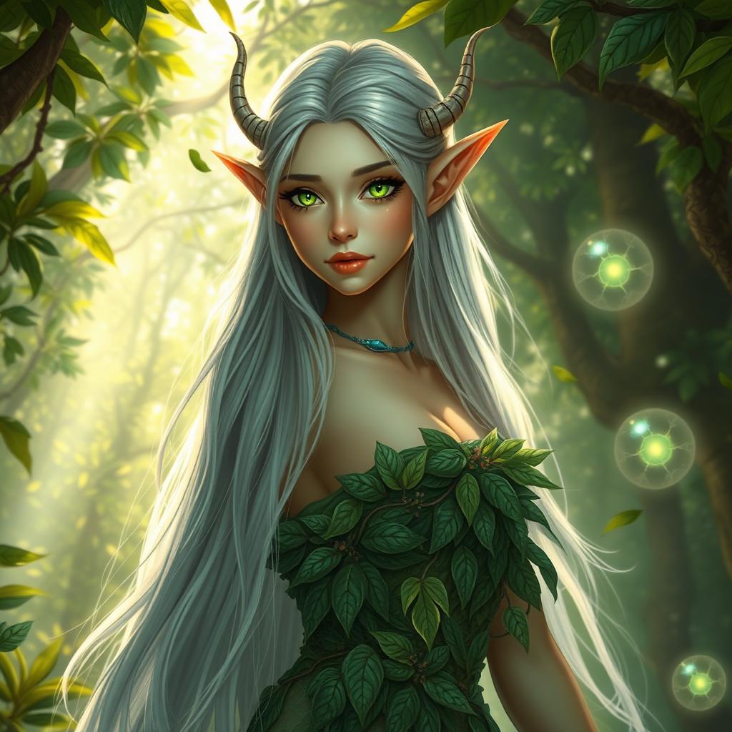 A stunning female high elf with long silver hair and intricately pointed ears, dressed in flowing, ethereal garments made of leaves and flowers, standing gracefully in a vibrant enchanted forest