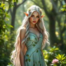 A stunning female high elf standing gracefully in a lush, enchanted forest