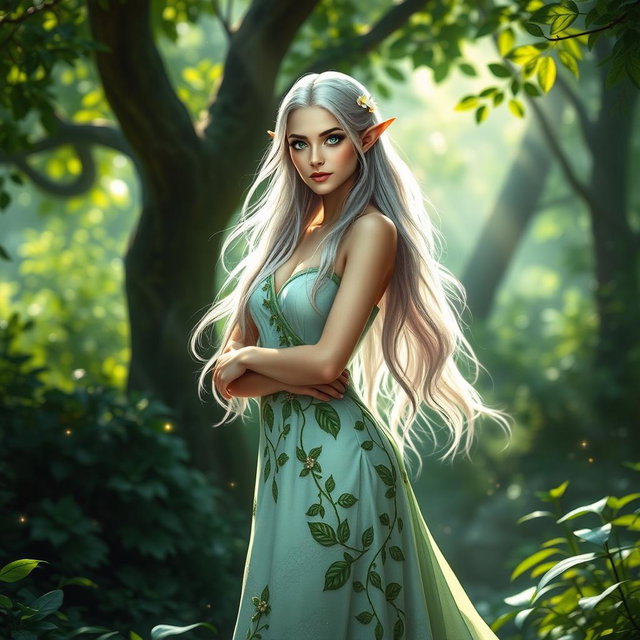 A stunning female high elf standing gracefully in a lush, enchanted forest