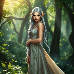 A stunning female high elf standing gracefully in a lush, enchanted forest