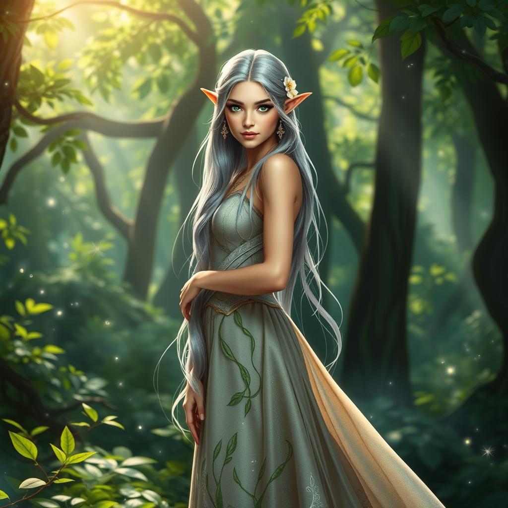 A stunning female high elf standing gracefully in a lush, enchanted forest
