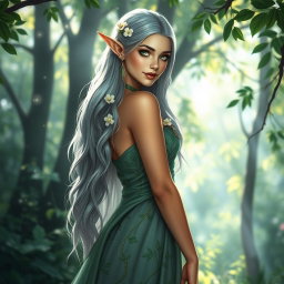 A stunning female high elf standing gracefully in a lush, enchanted forest