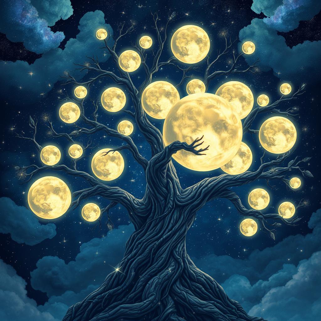 A fantastical tree bursting with full moons nestled among its branches, each moon revealing swirling galaxies inside, emitting soft glowing light