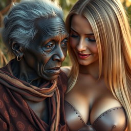 A realistic portrayal of a 100-year-old African woman, described as unattractive and extremely thin, showing a deep emotional connection with a young blonde woman