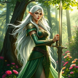 A majestic female high elf warrior stands confidently in a lush forest setting, surrounded by vibrant flowers and tall trees
