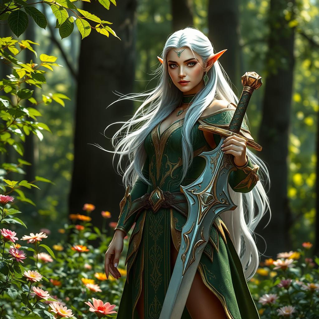 A majestic female high elf warrior stands confidently in a lush forest setting, surrounded by vibrant flowers and tall trees