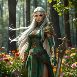 A majestic female high elf warrior stands confidently in a lush forest setting, surrounded by vibrant flowers and tall trees
