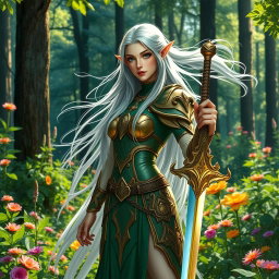 A majestic female high elf warrior stands confidently in a lush forest setting, surrounded by vibrant flowers and tall trees