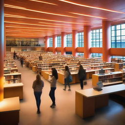 A vibrant university library interior glowing with soft, colored lights. Diverse students walk about and engross themselves in books, and a friendly receptionist offers aid from her designated workspace.