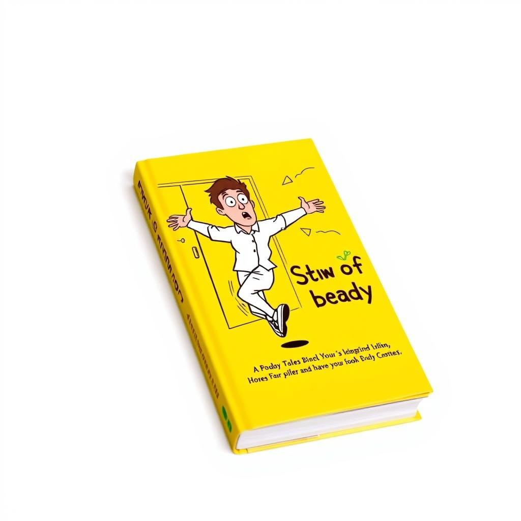 A vibrant yellow book cover featuring a cartoonish style illustration of a man comically escaping from a room