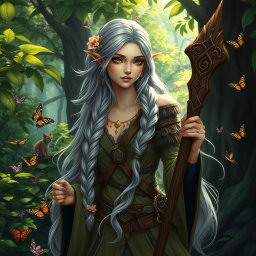 A female high elf druid in a lush, enchanted forest