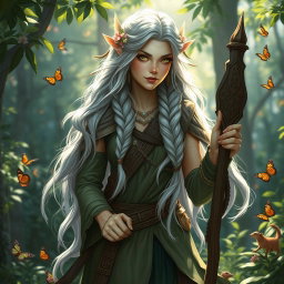 A female high elf druid in a lush, enchanted forest