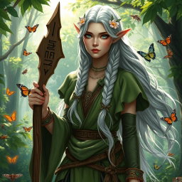 A female high elf druid in a lush, enchanted forest