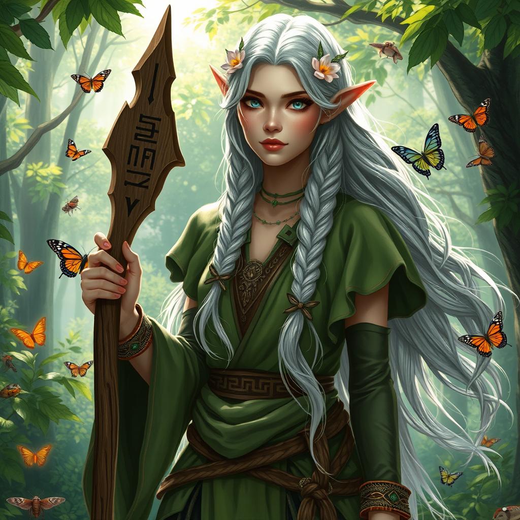 A female high elf druid in a lush, enchanted forest