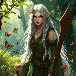 A female high elf druid in a lush, enchanted forest
