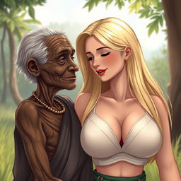 A realistic illustration of a 100-year-old African woman, characterized as unattractive and extremely thin, displaying profound affection towards a young blonde woman with long, straight hair and very large breasts accentuated by a fashionable bra