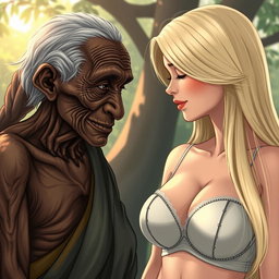 A realistic illustration of a 100-year-old African woman, characterized as unattractive and extremely thin, displaying profound affection towards a young blonde woman with long, straight hair and very large breasts accentuated by a fashionable bra
