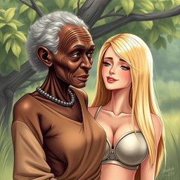 A realistic illustration of a 100-year-old African woman, characterized as unattractive and extremely thin, displaying profound affection towards a young blonde woman with long, straight hair and very large breasts accentuated by a fashionable bra