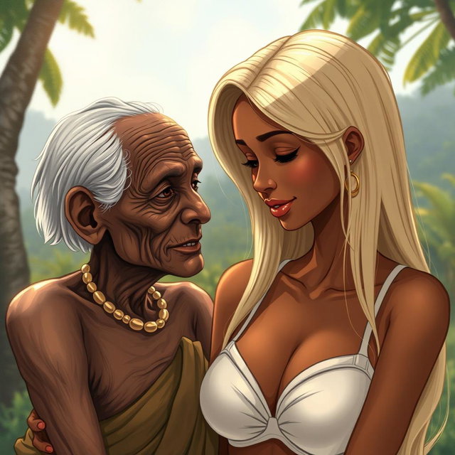A realistic illustration of a 100-year-old African woman, characterized as unattractive and extremely thin, displaying profound affection towards a young blonde woman with long, straight hair and very large breasts accentuated by a fashionable bra