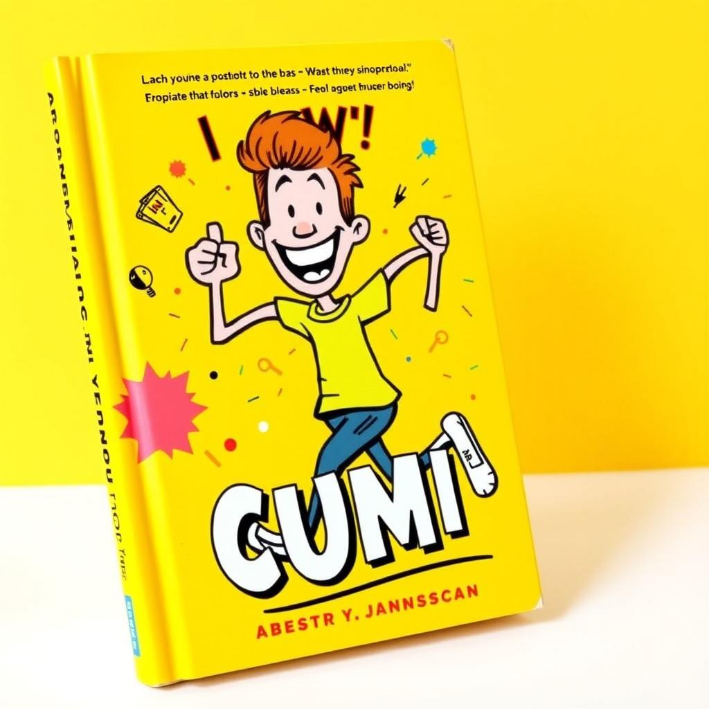A vibrant yellow book cover featuring a running man with a joyful expression, surrounded by whimsical elements to highlight the comedic theme