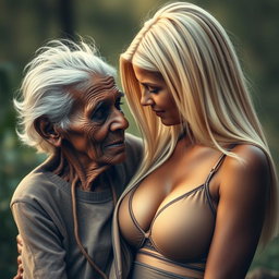 A realistic representation of a 100-year-old African woman, described as unattractive and extremely thin, demonstrating love and affection for a young blonde woman