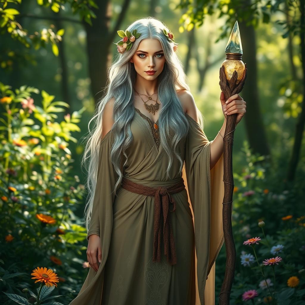 A stunning female high elf druid standing gracefully in a lush forest, surrounded by vibrant green foliage and colorful wildflowers
