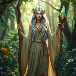 A stunning female high elf druid standing gracefully in a lush forest, surrounded by vibrant green foliage and colorful wildflowers