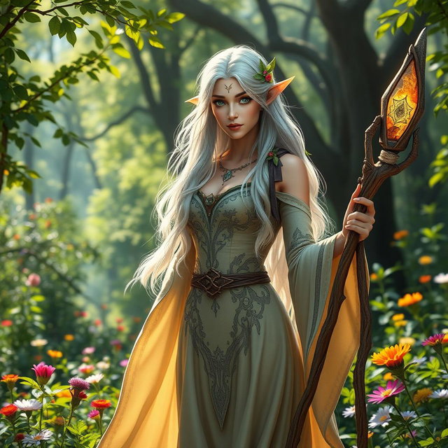 A stunning female high elf druid standing gracefully in a lush forest, surrounded by vibrant green foliage and colorful wildflowers