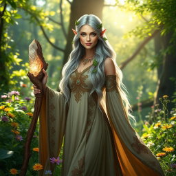 A stunning female high elf druid standing gracefully in a lush forest, surrounded by vibrant green foliage and colorful wildflowers