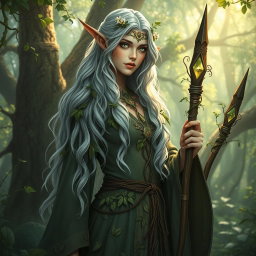 A captivating female high elf druid surrounded by the enchanting beauty of an ancient forest