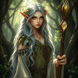 A captivating female high elf druid surrounded by the enchanting beauty of an ancient forest