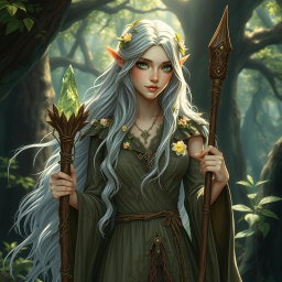 A captivating female high elf druid surrounded by the enchanting beauty of an ancient forest