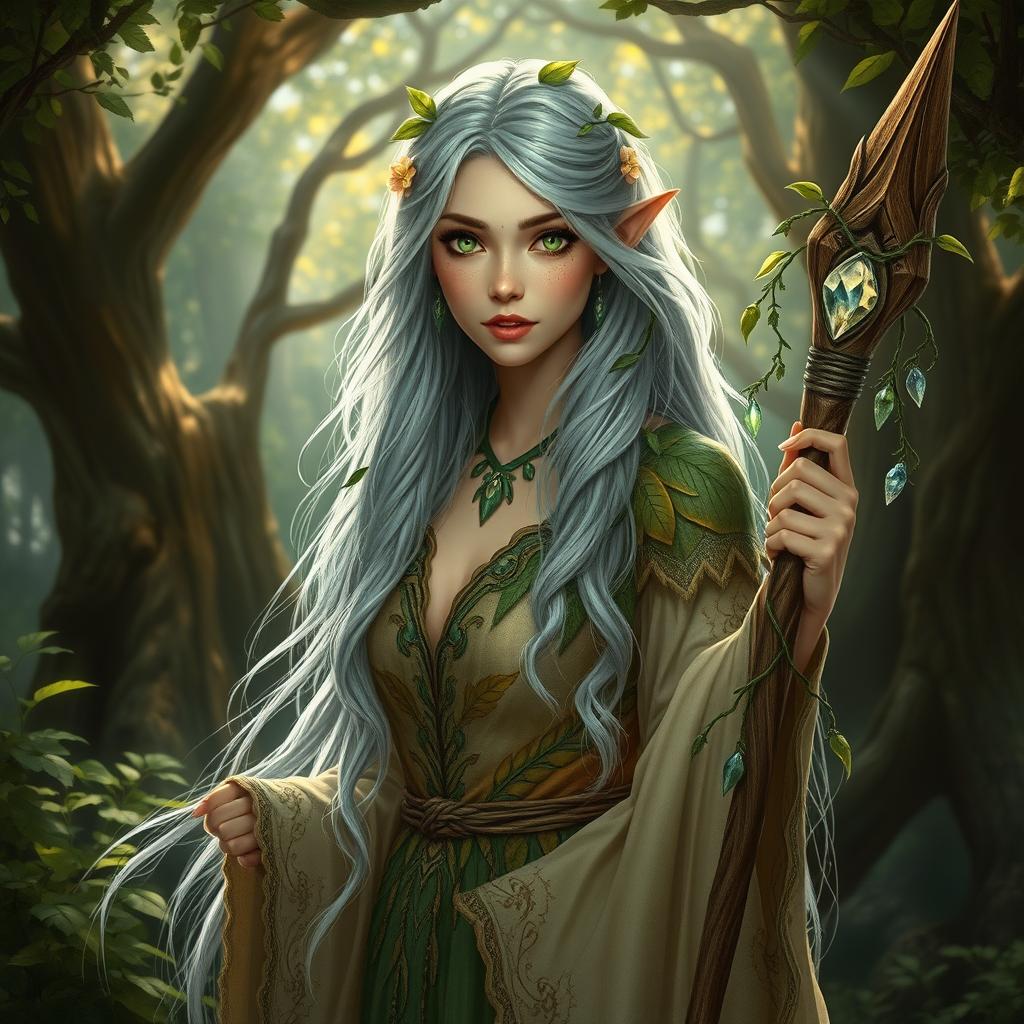 A captivating female high elf druid surrounded by the enchanting beauty of an ancient forest