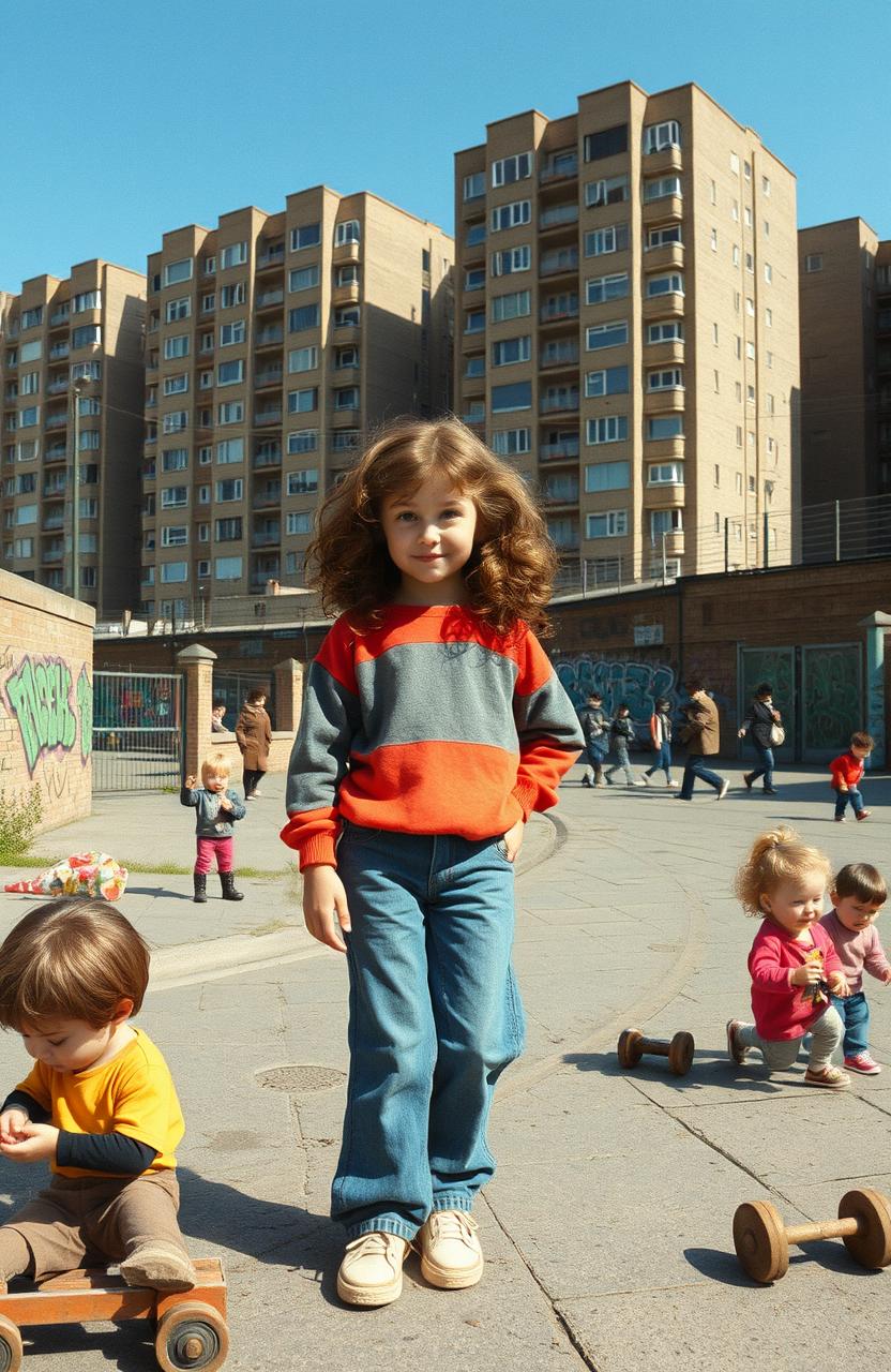 A nostalgic scene depicting a young Dublin girl in the 1980s exploring the vibrant neighborhood of Ballymun, with its iconic tower blocks and lively street life
