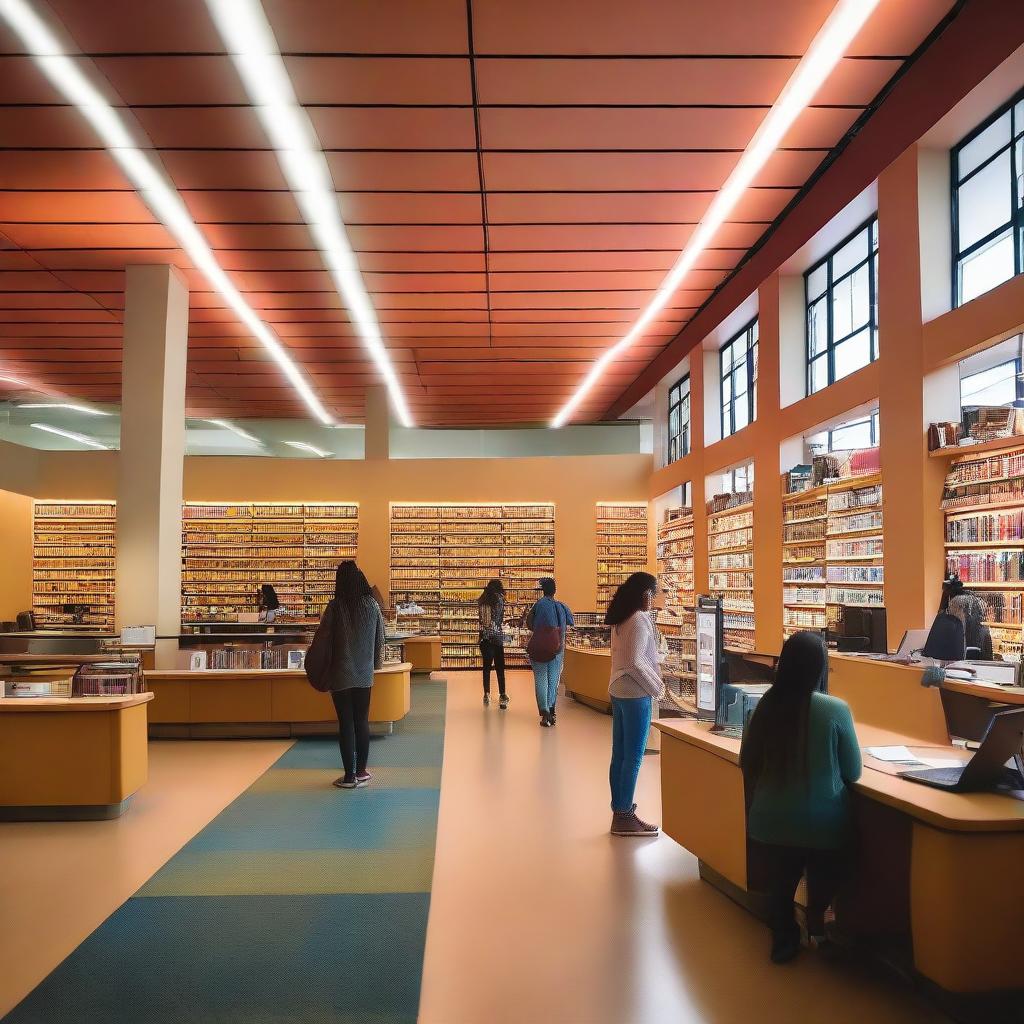 A vibrant university library interior glowing with soft, colored lights. Diverse students walk about and engross themselves in books, and a friendly receptionist offers aid from her designated workspace.