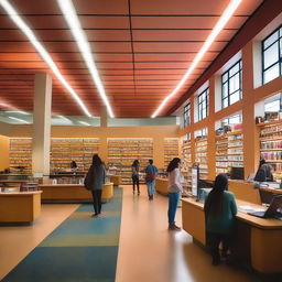 A vibrant university library interior glowing with soft, colored lights. Diverse students walk about and engross themselves in books, and a friendly receptionist offers aid from her designated workspace.