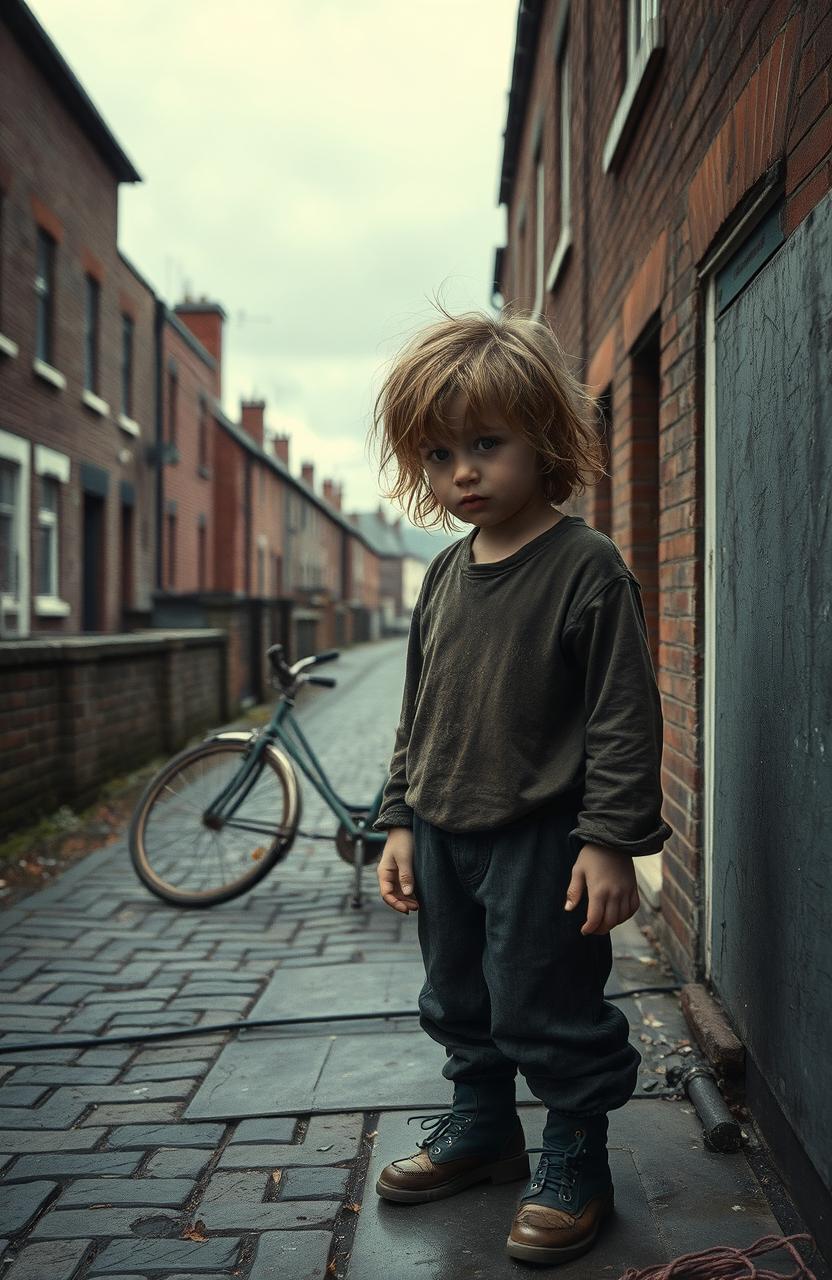A poignant scene depicting a neglected child in Dublin during the 1980s, capturing the essence of childhood innocence overshadowed by hardship