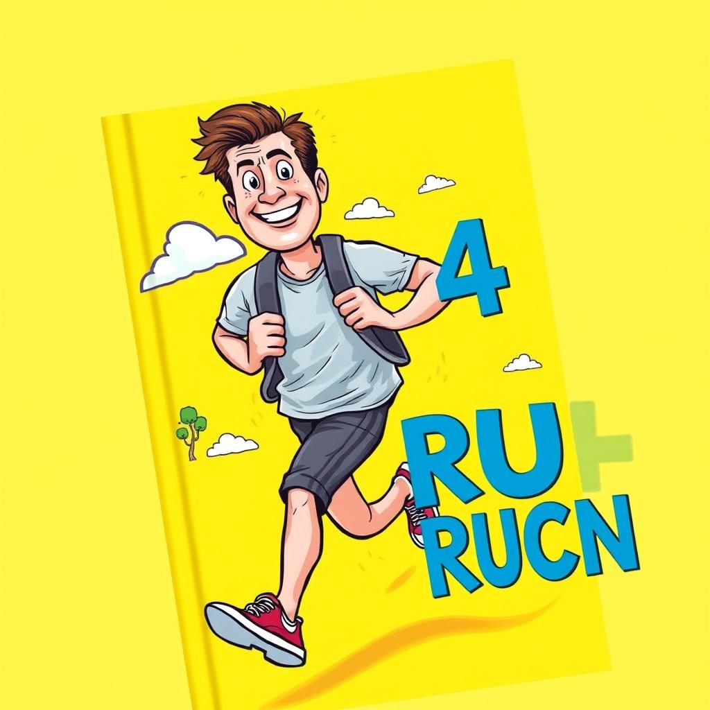 A bright yellow book cover featuring a 40-year-old man running with a humorous expression, wearing casual athletic clothing