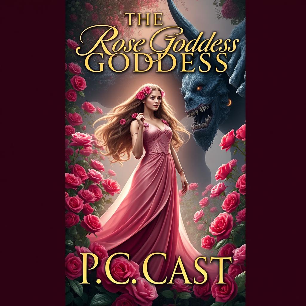 A captivating book cover design for 'The Rose Goddess' featuring a powerful goddess standing majestically amid a blooming garden of roses in various shades of red and pink