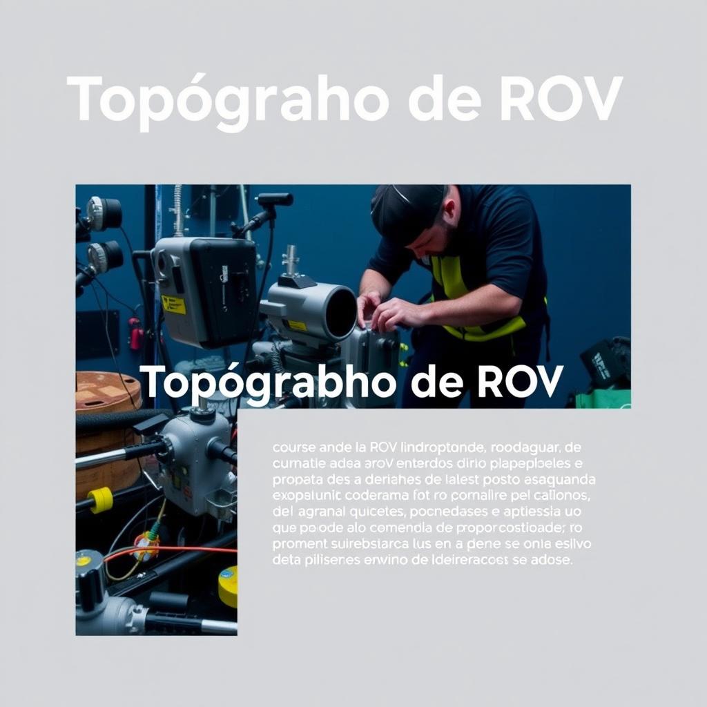 A course cover for a 'Topógrafo de ROV' program featuring a detailed description of the course in Brazilian Portuguese
