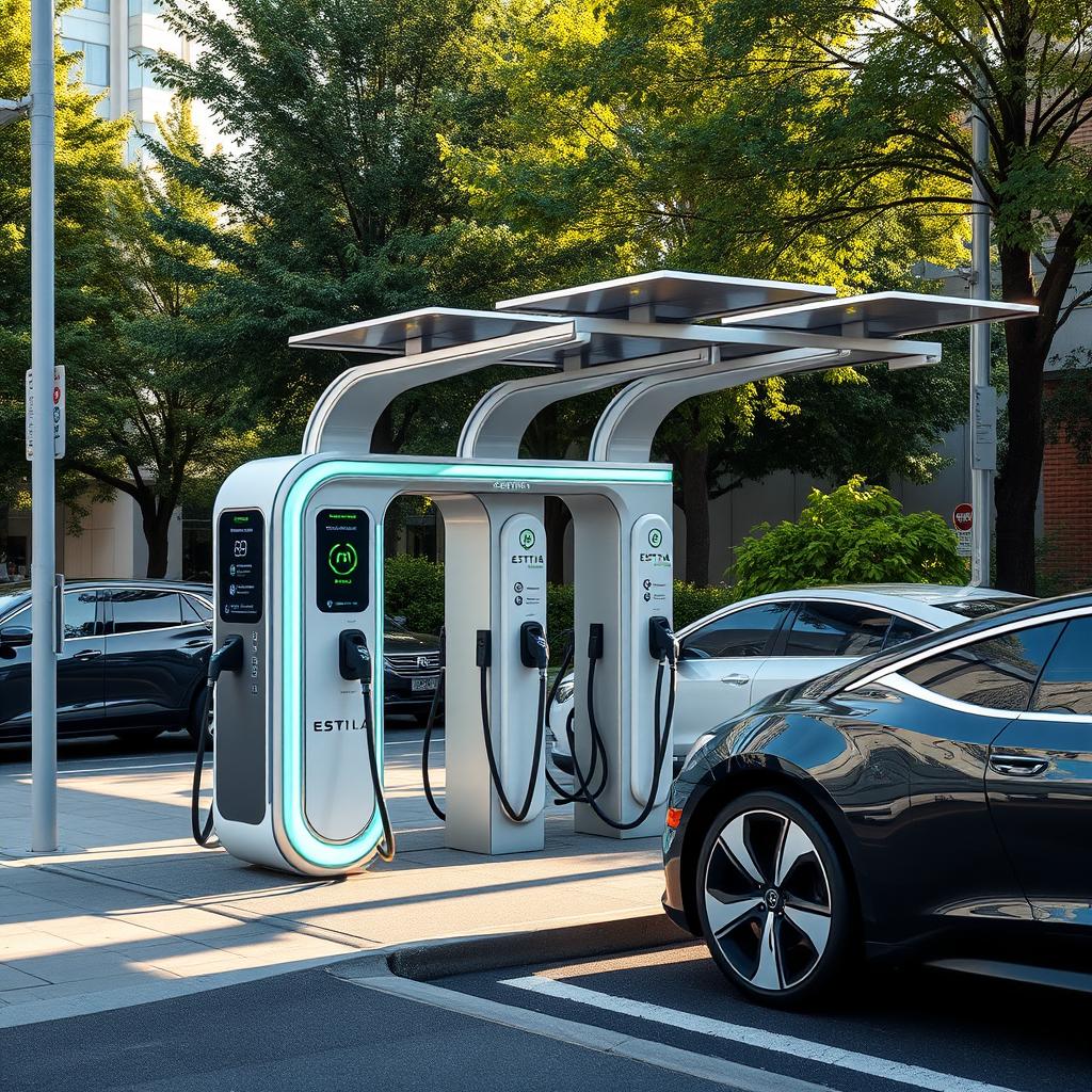 A modern electric vehicle charging station with sleek, futuristic design, featuring multiple charging ports