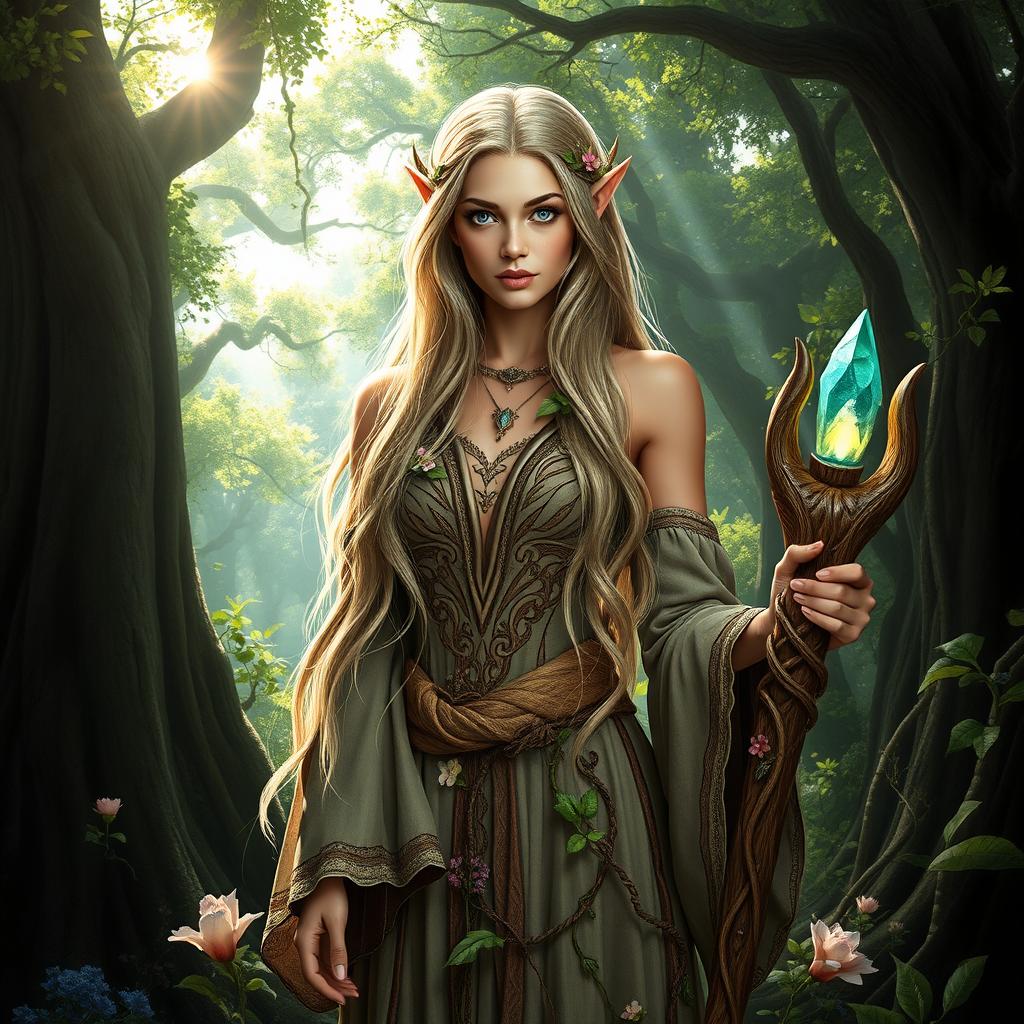 A captivating female high elf druid standing amidst a vibrant, ancient forest
