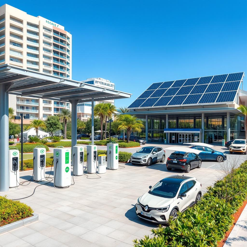 A large electric vehicle charging station capable of servicing 10 cars simultaneously, situated next to a spacious hypermarket