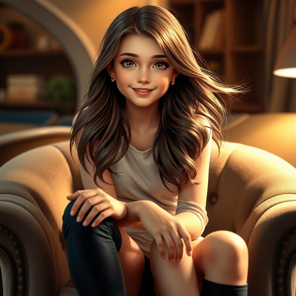 A beautiful scene featuring a cute teenage girl with perfect anatomy, sitting elegantly on a stylish chair