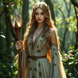A breathtaking female high elf druid standing gracefully within a mystical forest, bathed in dappled sunlight